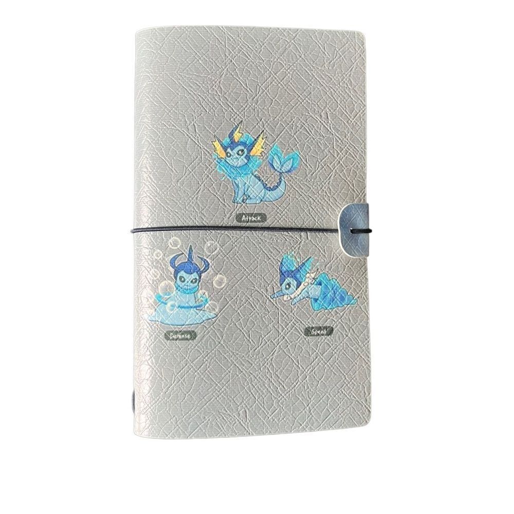 Vaporeon Pokémon Gray Faux Leather Reusable Travelers Notebook 8x4.5”